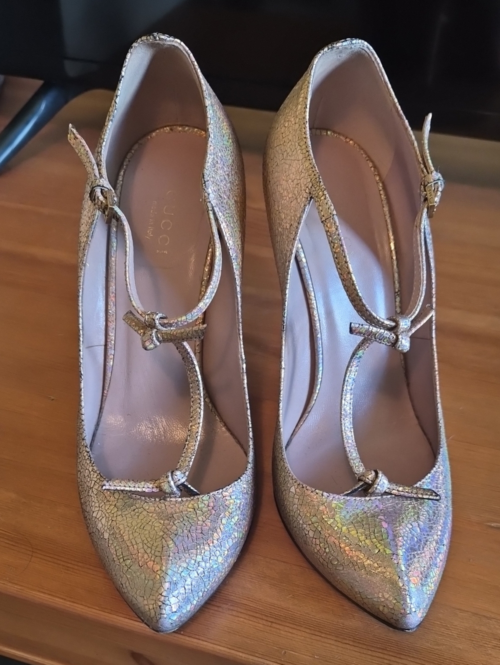 Gucci Iridescent Gold Pointed-Toe Mary Jane Heels